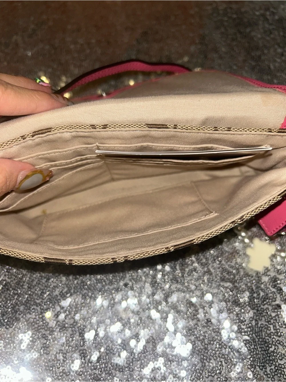 Coach Brown Signature Canvas Wristlet with Pink Trim
